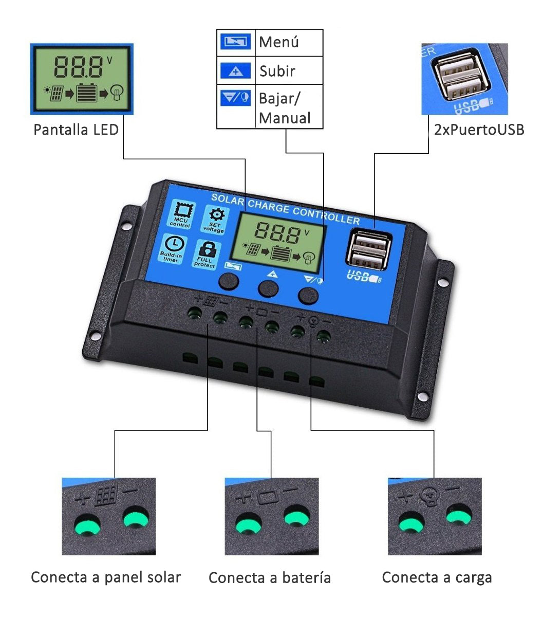 Regulador Carga Solar Digital 12v 24v 60a 2usb