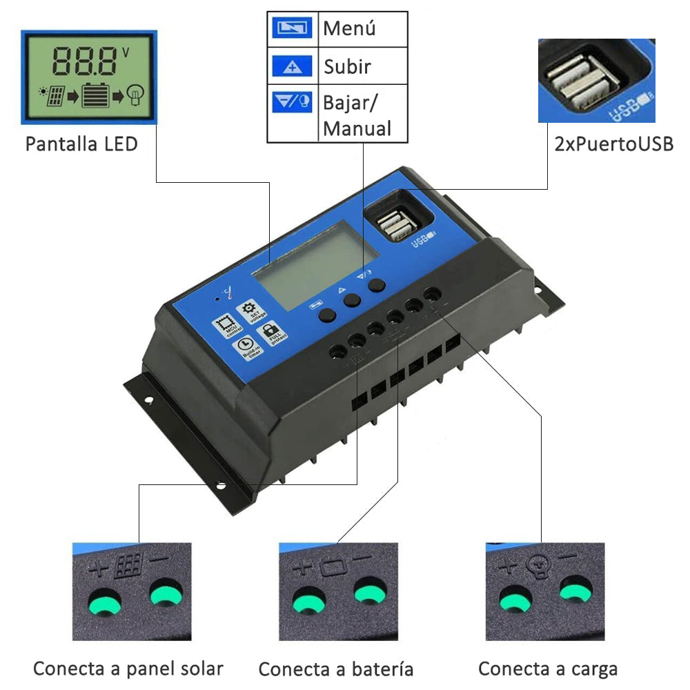 Regulador Carga Solar Digital 12v 24v 10a 2usb