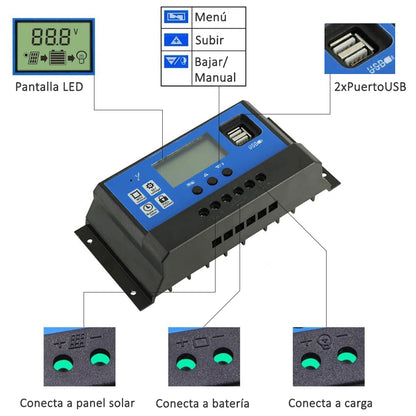 Regulador Carga Solar Digital 12v 24v 10a 2usb